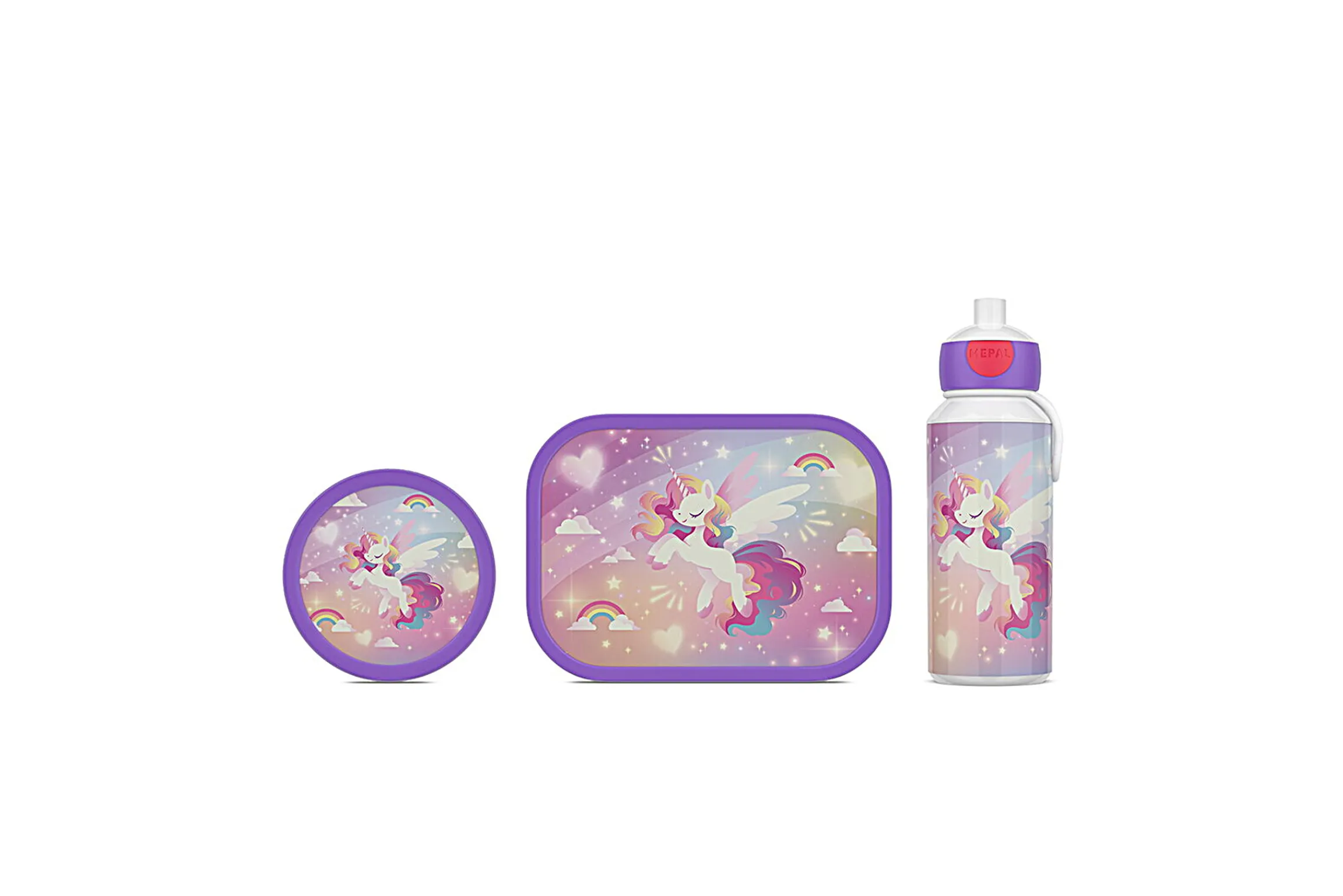 Mepal Pauzesets|Back To School Sets Met Print<Lunchset Campus (drinkfles pop-up, lunchbox & fruitbox) - Unicorn glow